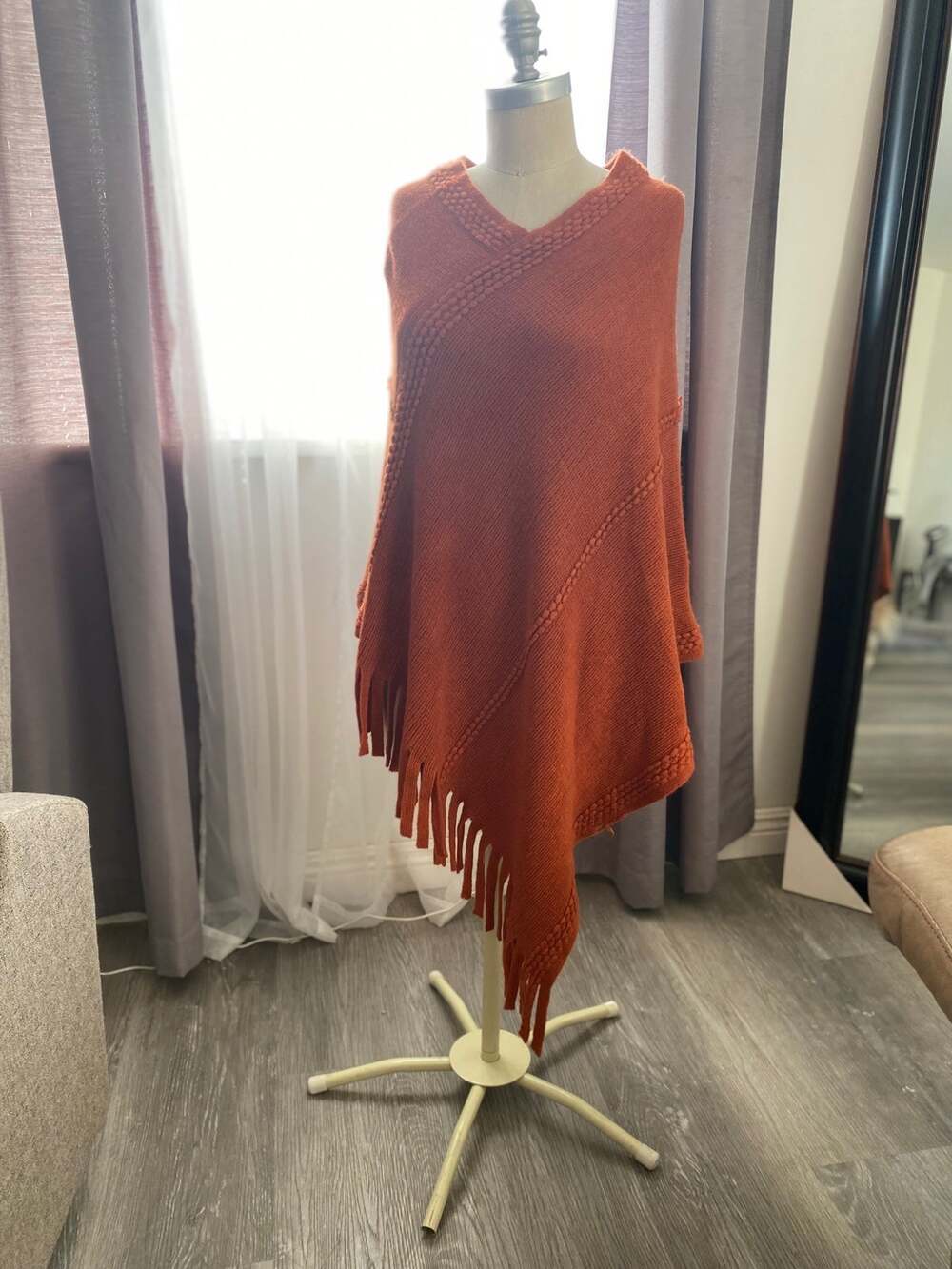 Rust Knit Fringe Poncho One Size Boho Asymmetrical Shawl Wrap